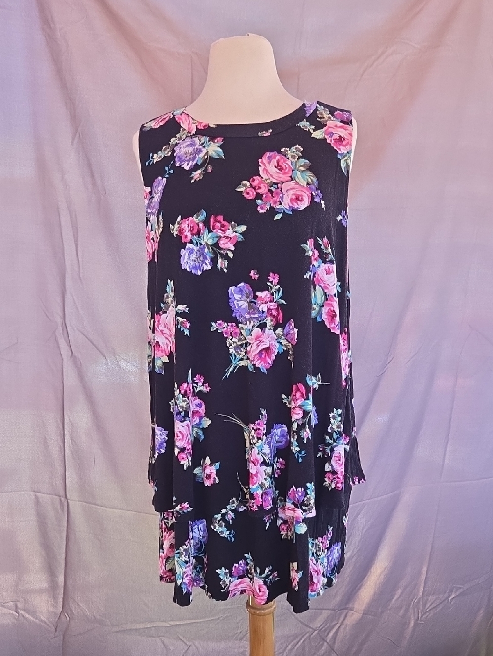 8Agnes & Dora Black Floral Tunic with Pink & Purple Roses